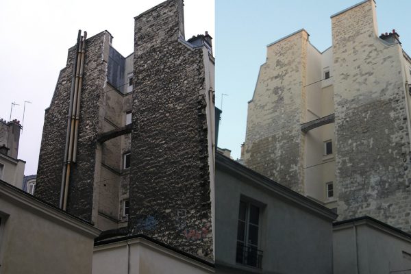 Ravalement pignons et façades courette d'un immeuble R+6, Paris 18ème, 2012, avant et après travaux - Isolation par l'extérieur des 2 façades aveugles de la courette (l'Architecte des Bâtiments de France n'a pas autorisé l'isolation des murs pignons)..