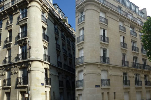Ravalement des façades rue d'un immeuble R+5, Neuilly (92), 2012, avant et après travaux
