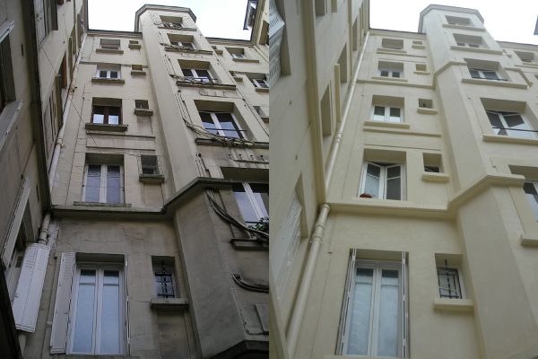 Ravalement des façades cour d'un immeuble R+6, Paris 11ème, 2012, avant et après travaux
