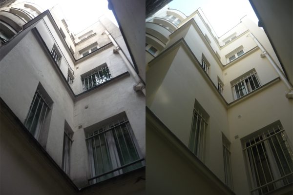 Ravalement façades sur courette d'un immeuble R+4, Paris 17ème, 2013, avant et après travaux