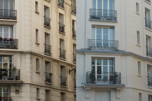 Ravalement des façades sur rue d'un immeuble d'habitations R+7, Paris 11ème, 2013-2014, avant et après travaux