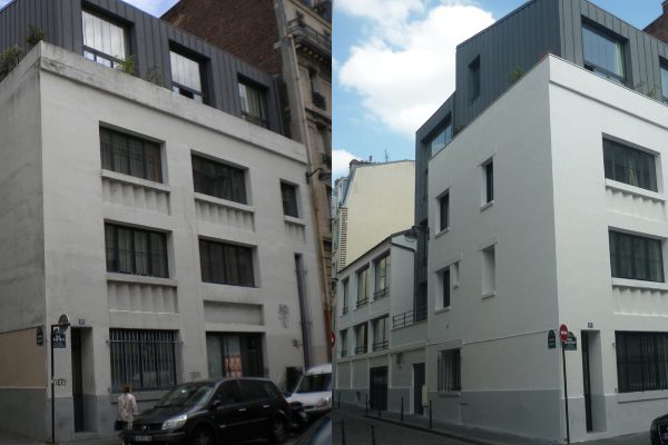 Ravalement façades sur rue d'un immeuble d'habitations R+4, Paris 11ème, 2013, avant et après travaux
